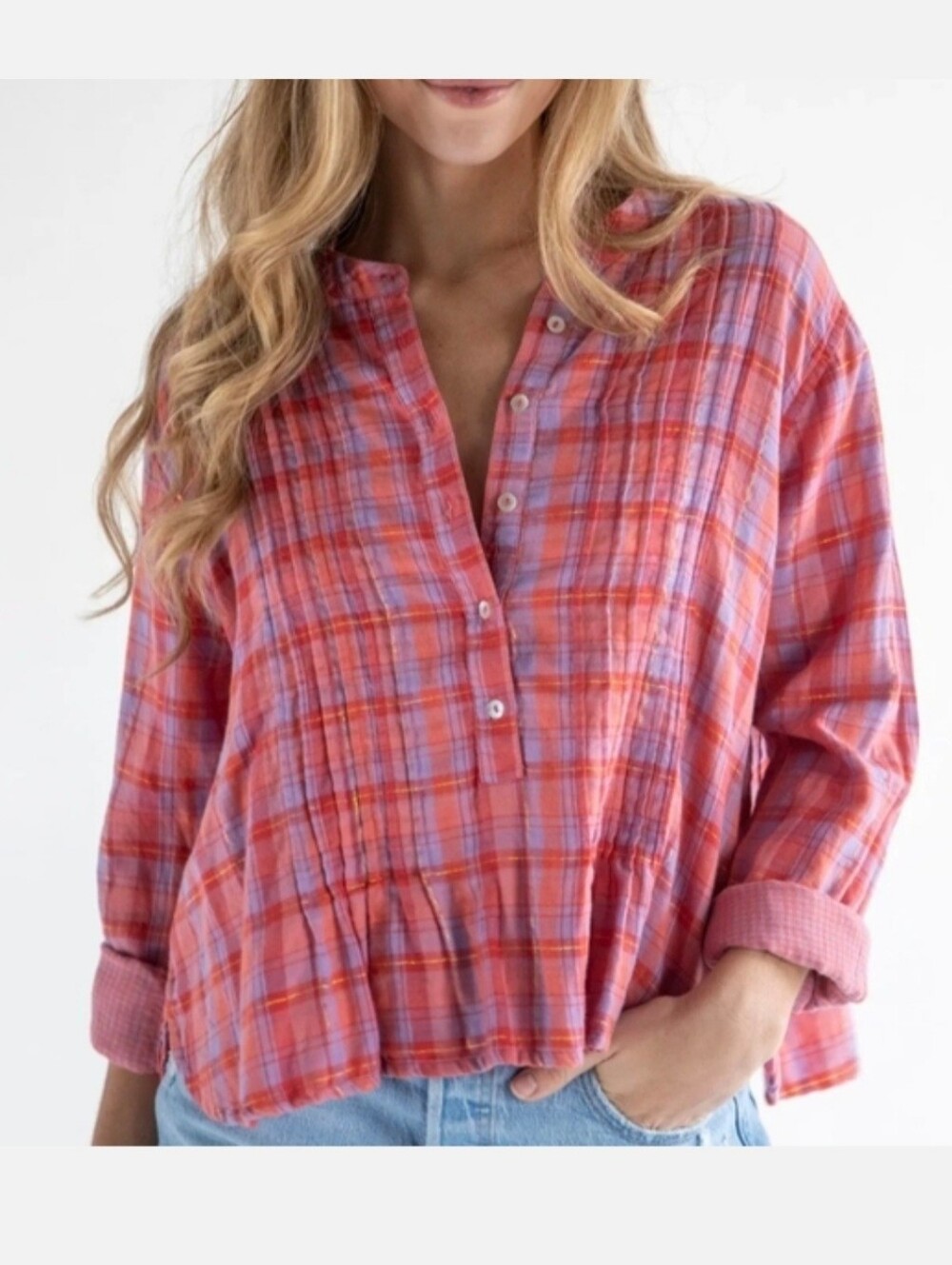 Natural Life Montana Plaid Pintuck Boho Boxy Gauze Top Size L